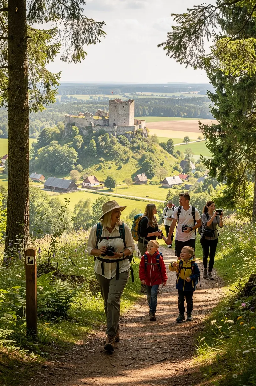 Pėsčiųjų takas netoli geležinkelio stoties, vedantis per istorinį miestą su apgyvendinimo galimybėmis.